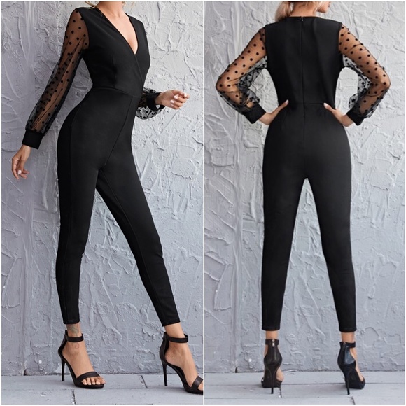 Black Polka Dot Sheer Sleeve Fitted Jumpsuit - Picture 2 of 4
